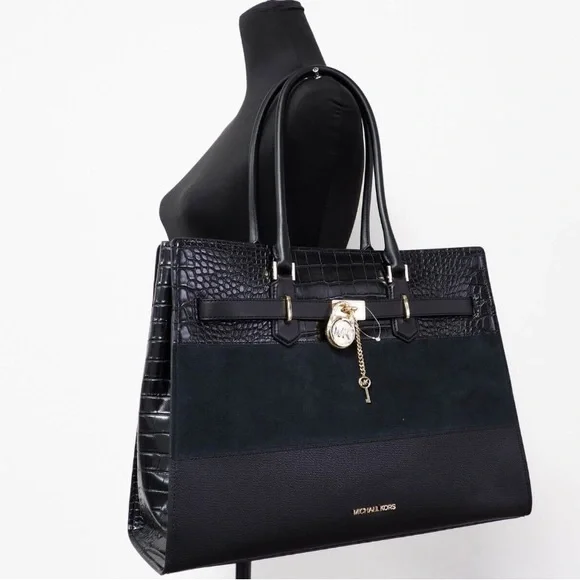 Michael Kors Hamilton Black XL Mixed Materials East West Tote
